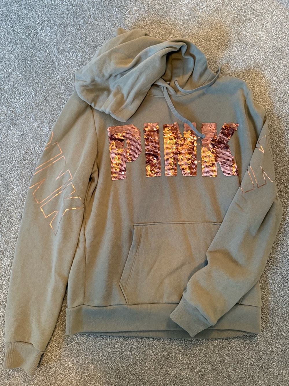 PINK Victoria's Secret Olive Green Hoodie with Rose Gold Sequin Logo